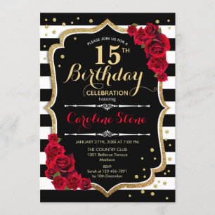15th Birthday Invitation Black White Stripes Roses