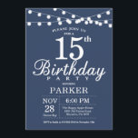 15th Birthday Invitation Blue<br><div class="desc">15th Birthday Invitation with String Lights. Blue Background. Kids Birthday. Boy or Girl Lady Elegant bday Invite. 13th 15th 16th 18th 20th 21st 30th 40th 50th 60th 70th 80th 90th 100th, Any age. For further customisation, please click the "Customise it" button and use our design tool to modify this template....</div>
