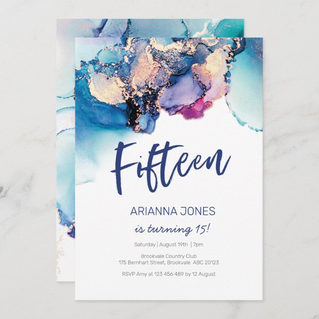 15th Birthday Invitation Blue Abstract Watercolor (Front/Back)