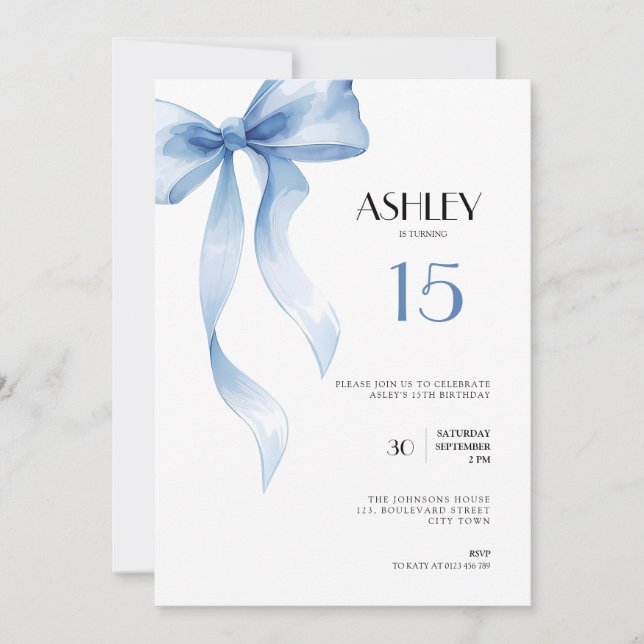 15th Birthday Invitation Blue Bow for Girls (Front)