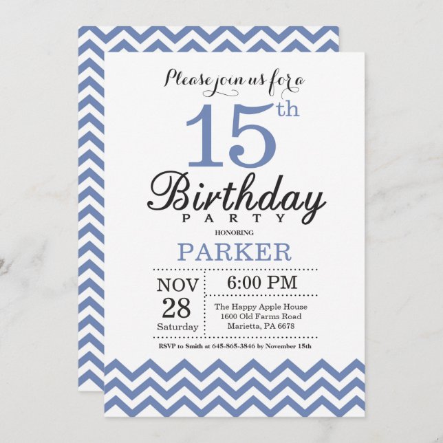 15th Birthday Invitation Blue Chevron (Front/Back)