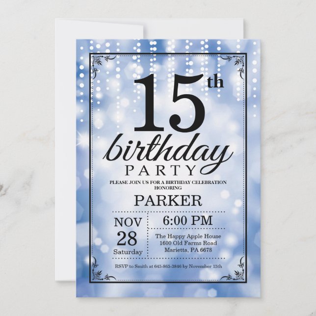 15th Birthday Invitation Blue Glitter (Front)