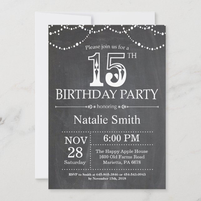 15th Birthday Invitation Chalkboard String Lights (Front)