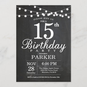 15th Birthday Invitation Chalkboard String Lights