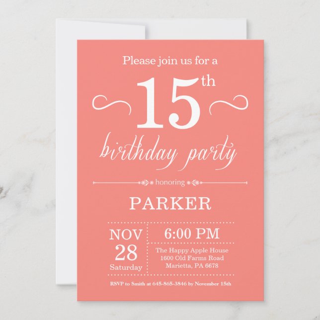 15th Birthday Invitation Coral (Front)