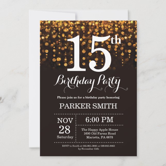 15th Birthday Invitation Gold Glitter (Front)