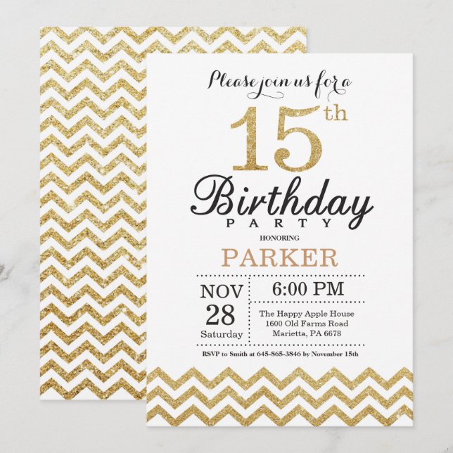 15th Birthday Invitation Gold Glitter (Front/Back)