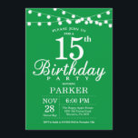 15th Birthday Invitation Green<br><div class="desc">15th Birthday Invitation with String Lights. Green Background. Kids Birthday. Boy or Girl Lady Elegant bday Invite. 13th 15th 16th 18th 20th 21st 30th 40th 50th 60th 70th 80th 90th 100th, Any age. For further customisation, please click the "Customise it" button and use our design tool to modify this template....</div>