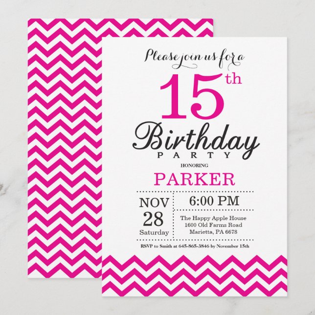 15th Birthday Invitation Hot Pink Chevron (Front/Back)