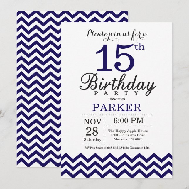 15th Birthday Invitation Navy Blue Chevron (Front/Back)
