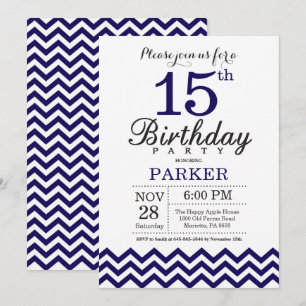 15th Birthday Invitation Navy Blue Chevron