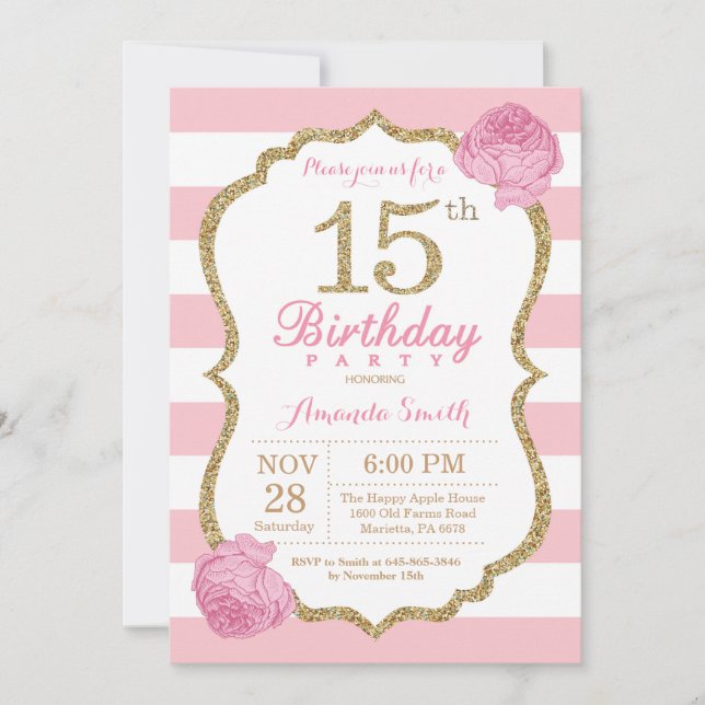 15th Birthday Invitation Pink and Gold Floral (Front)