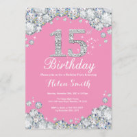 15th Birthday Invitation Pink and Silver Diamond