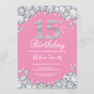 15th Birthday Invitation Pink and Silver Diamond