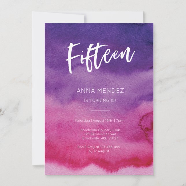 15th Birthday Invitation Pink Purple Watercolor (Front)