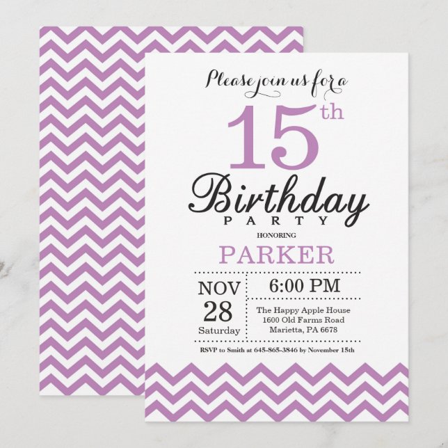 15th Birthday Invitation Purple Chevron (Front/Back)
