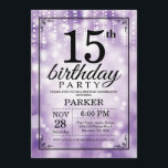 15th Birthday Invitation Purple Glitter<br><div class="desc">15th Birthday Invitation with Purple String Lights with Purple Glitter Background. Purple Birthday. Kids Birthday. Boy or Girl Bday Invite. 13th 15th 16th 18th 20th 21st 30th 40th 50th 60th 70th 80th 90th 100th, Any age. For further customisation, please click the "Customise it" button and use our design tool to...</div>