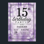 15th Birthday Invitation Purple Glitter<br><div class="desc">15th Birthday Invitation with Purple String Lights with Purple Glitter Background. Purple Birthday. Kids Birthday. Boy or Girl Bday Invite. 13th 15th 16th 18th 20th 21st 30th 40th 50th 60th 70th 80th 90th 100th, Any age. For further customisation, please click the "Customise it" button and use our design tool to...</div>