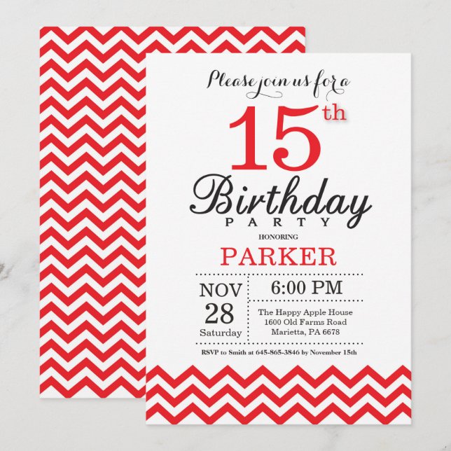 15th Birthday Invitation Red Chevron (Front/Back)
