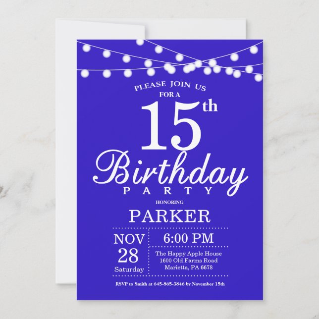 15th Birthday Invitation Royal Blue (Front)