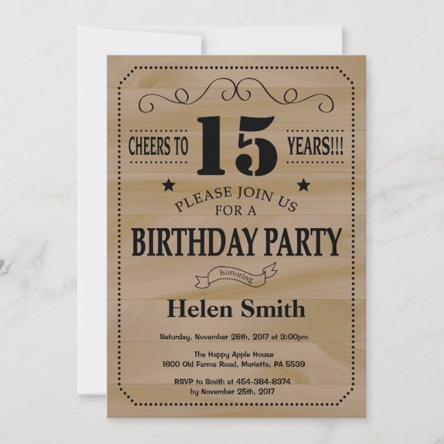15th Birthday Invitation Rustic Wood (Front)