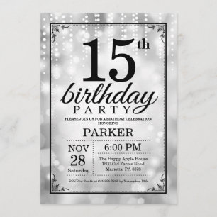 15th Birthday Invitation Silver Glitter