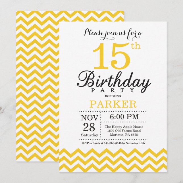 15th Birthday Invitation Yellow Chevron (Front/Back)