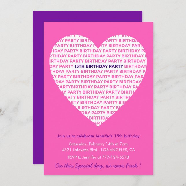 15th birthday invitations Pink Heart Modern (Front/Back)