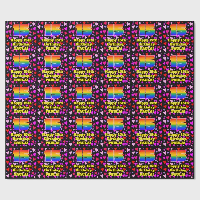 15th Birthday: Loving Hearts Pattern, Rainbow # 15 Wrapping Paper (Flat)