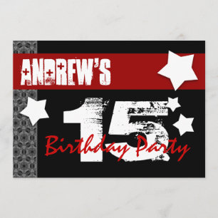 15th Birthday Modern For Him Red White Black W10B Invitation