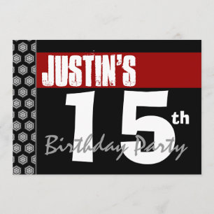 15th Birthday Modern Red White Black Stars W768 Invitation