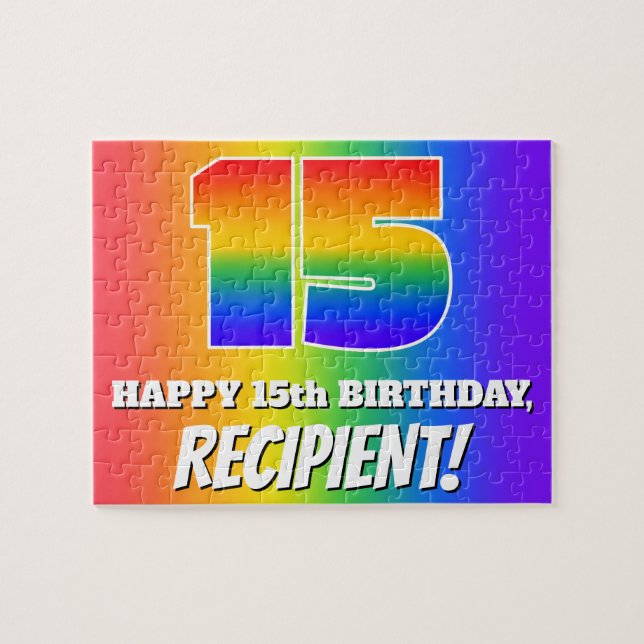 15th Birthday — Multicolored Rainbow Pattern “15” Jigsaw Puzzle (Horizontal)