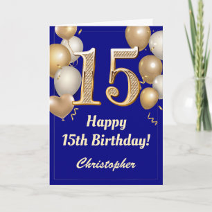 15th Birthday Navy Blue and Gold Balloons Confetti Card