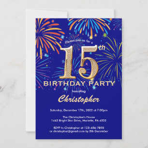 15th Birthday Navy Blue and Gold Rainbow Fireworks Invitation