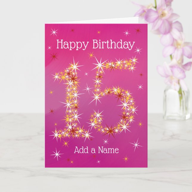 15th Birthday - Number 15 in Stars - Pink - Age 15 Card (Orchid)