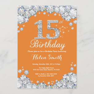 15th Birthday Orange and Silver Diamond Invitation