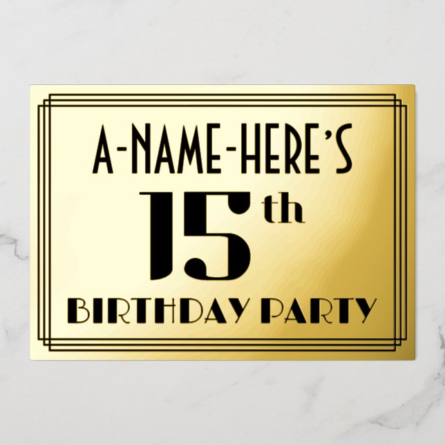 15th Birthday Party: Art Deco Look “15” and Name (Front)