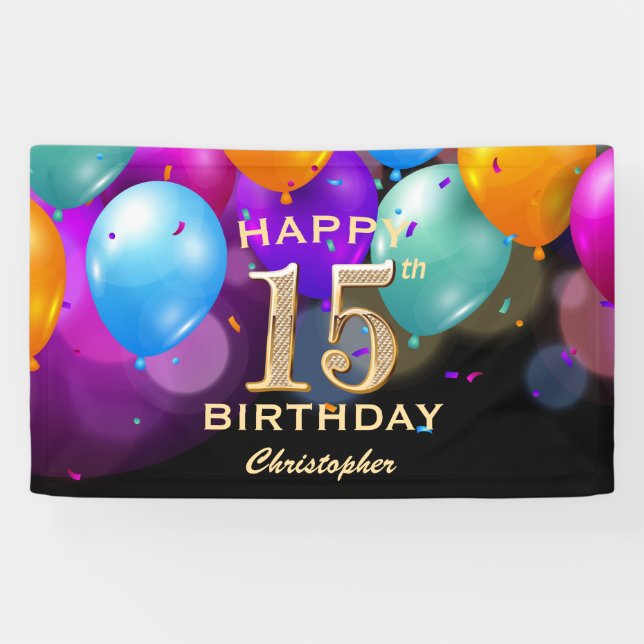 15th Birthday Party Black and Gold Balloons Banner (Horizontal)