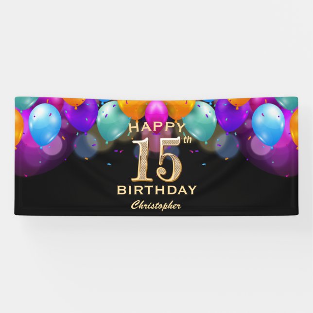 15th Birthday Party Black and Gold Balloons Banner (Horizontal)