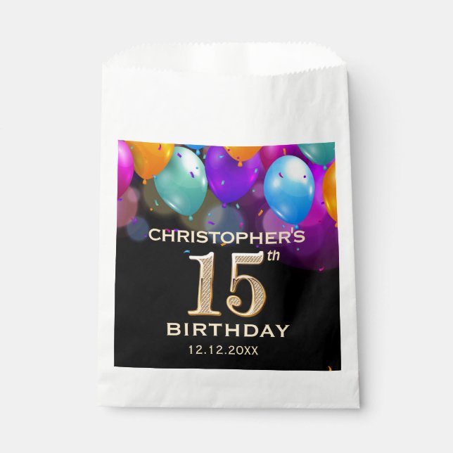 15th Birthday Party Black and Gold Balloons Favour Bags (Front)
