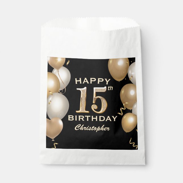 15th Birthday Party Black and Gold Balloons Favour Bags (Front)