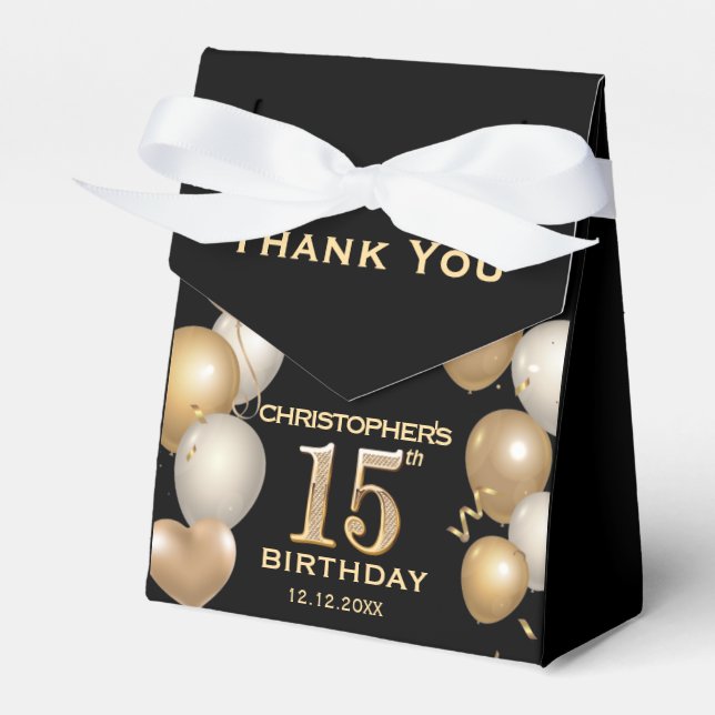 15th Birthday Party Black and Gold Balloons Favour Box (Front Side)