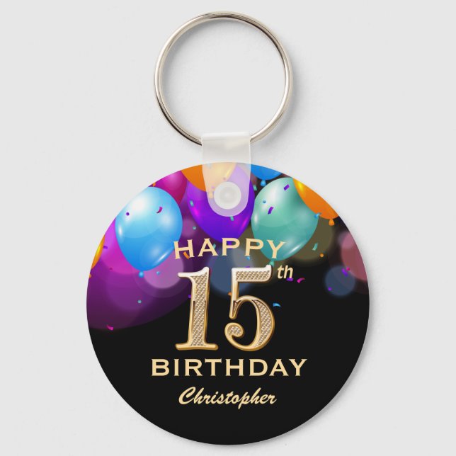 15th Birthday Party Black and Gold Balloons Key Ring (Front)