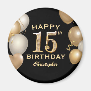 15th Birthday Party Black and Gold Balloons Magnet