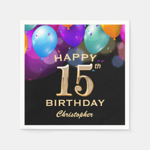 15th Birthday Party Black and Gold Balloons Napkin