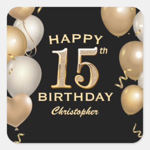 15th Birthday Party Black and Gold Balloons Square Sticker