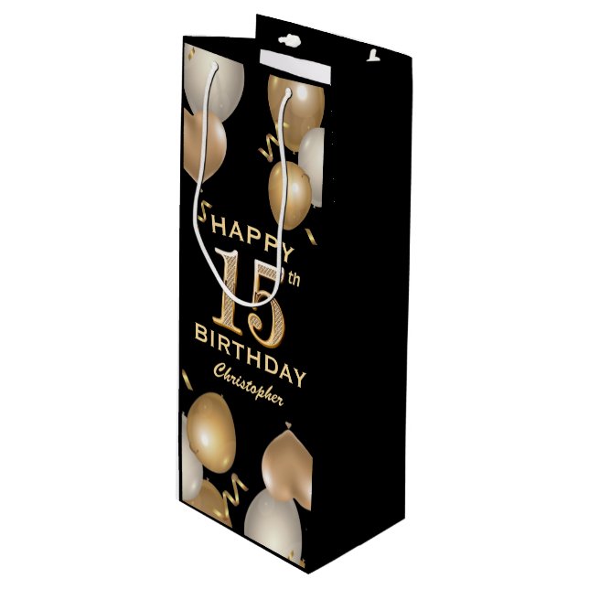 15th Birthday Party Black and Gold Balloons Wine Gift Bag (Front Angled)