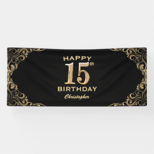 15th Birthday Party Black and Gold Glitter Frame Banner