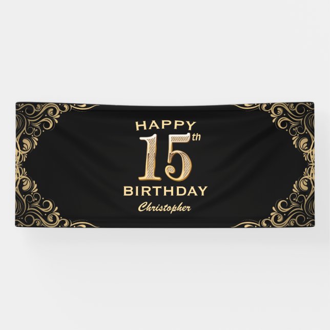 15th Birthday Party Black and Gold Glitter Frame Banner (Horizontal)