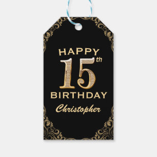 15th Birthday Party Black and Gold Glitter Frame Gift Tags